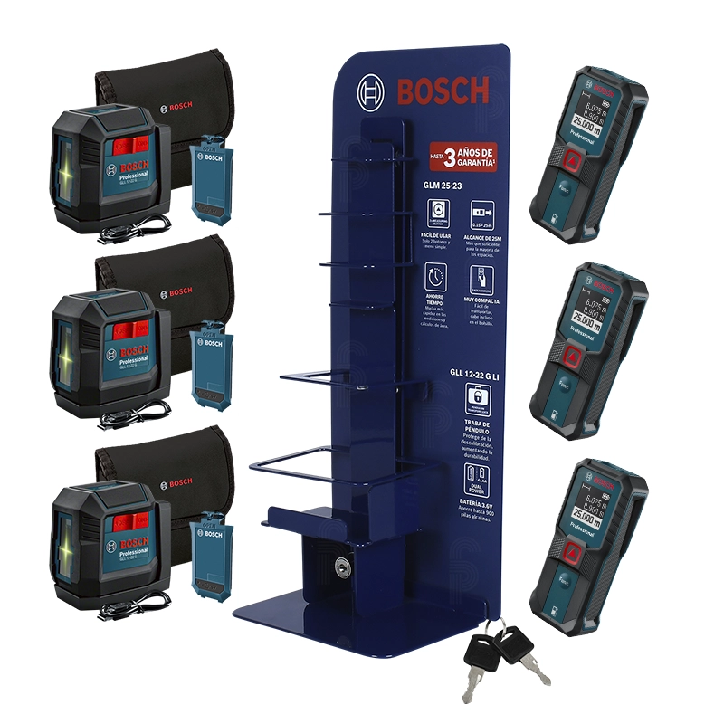 Combo Bosch Nivel Láser (3) + Telemetro Láser (3) +Exhibidor